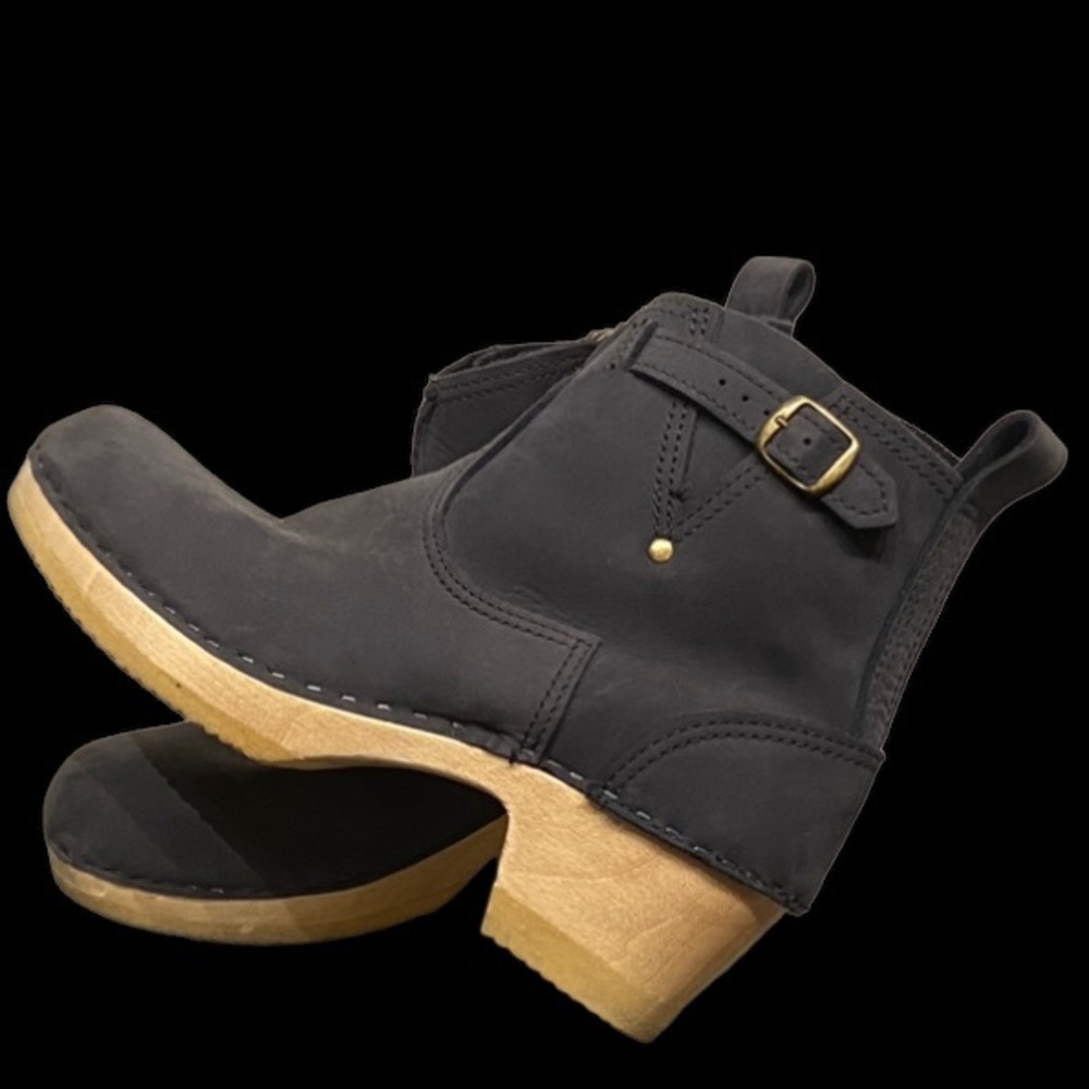 NO. 6 Leather Clog Buckle Boot Black NUBUCK Leather Mid Heel Black 40 EU 9 US A+